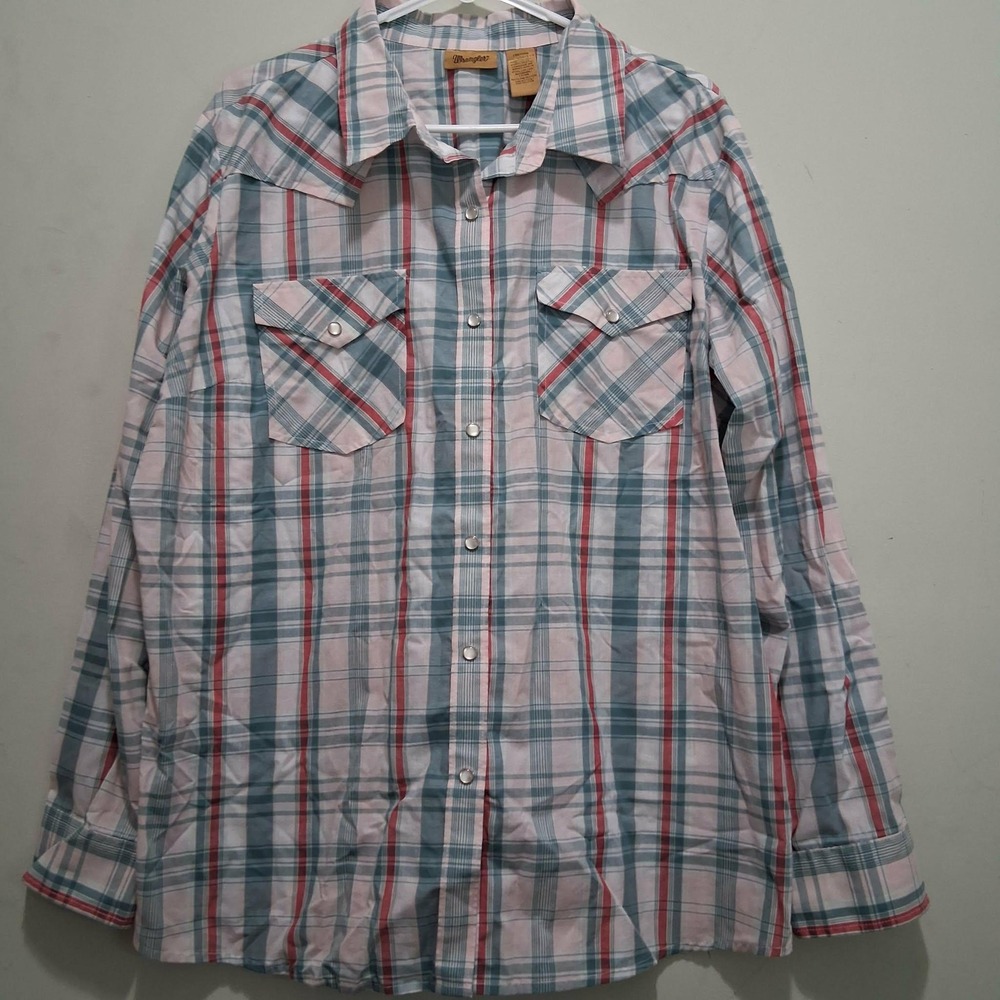 Wrangler Western Snap Shirt XXL Pink Teal Plaid Long Sleeve LWE520M Pearl Snap